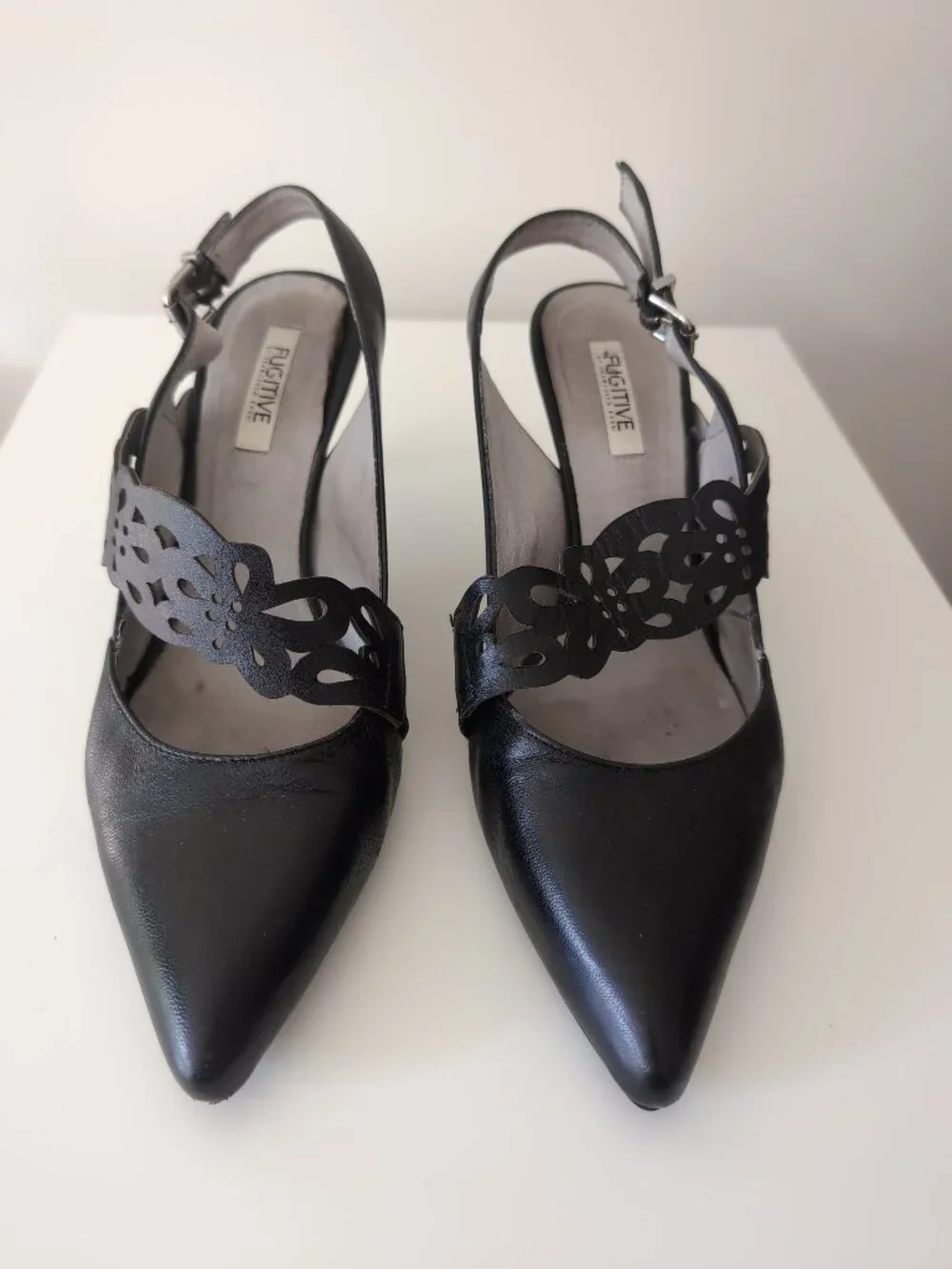 Fugitive by Francesco Rossi Black Leather Slingback Heels Size 38 - Picture 1 of 11